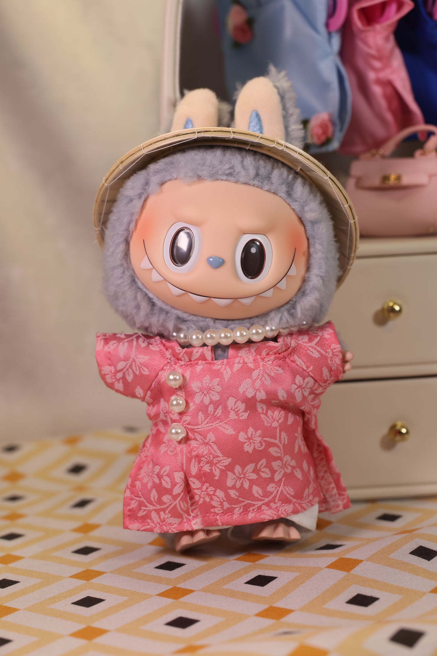 Sakura Pink Brocade Mini Áo Dài Set for Labubu