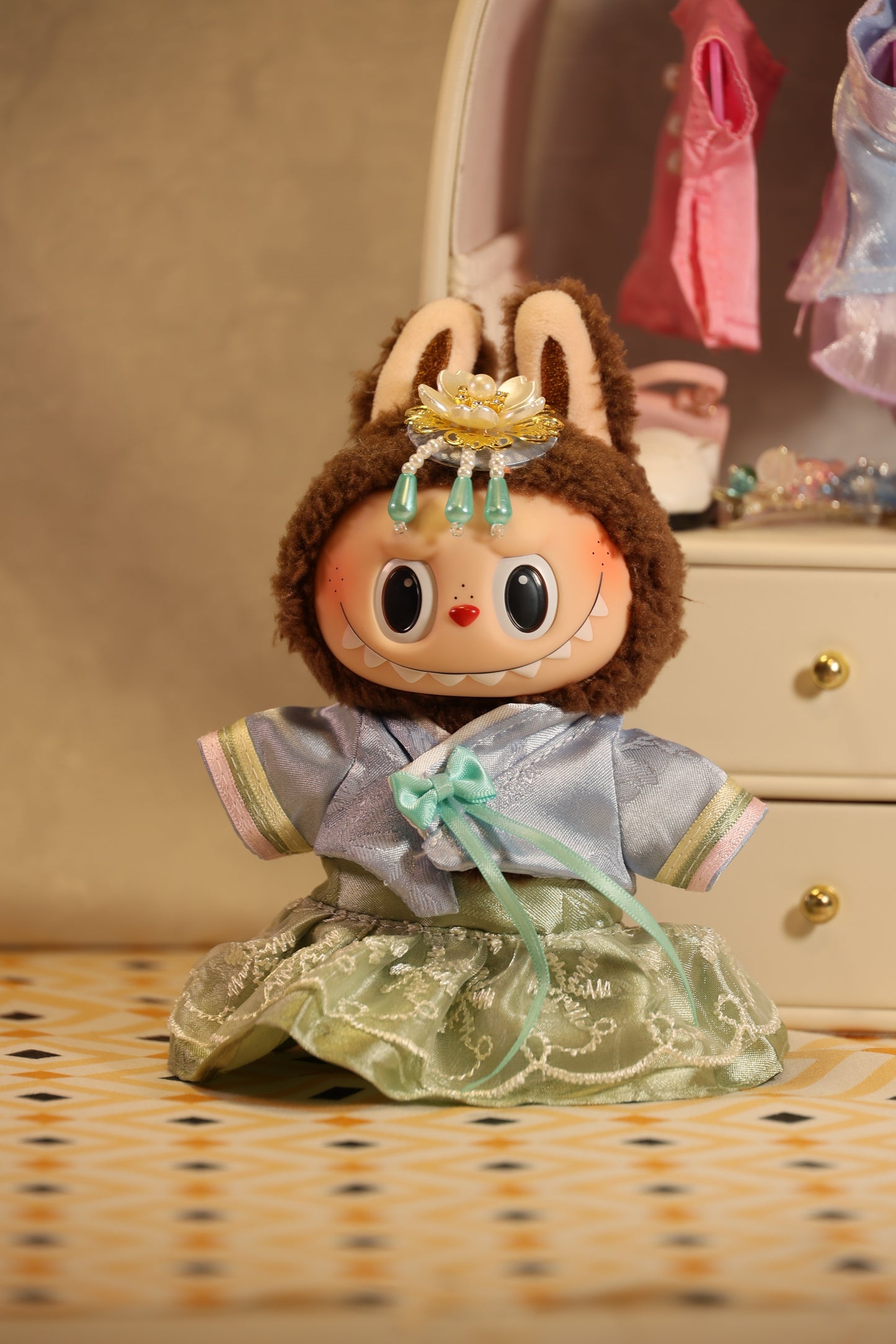 The Willow Blossom Green and Blue Mini Hanbok for Labubu