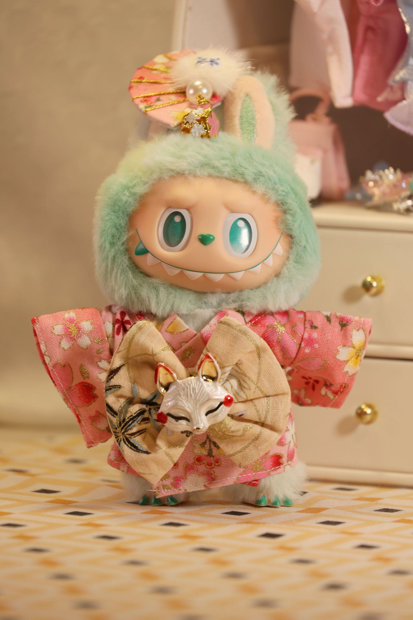 The Sakura Fox Pink Kimono Set for Labubu