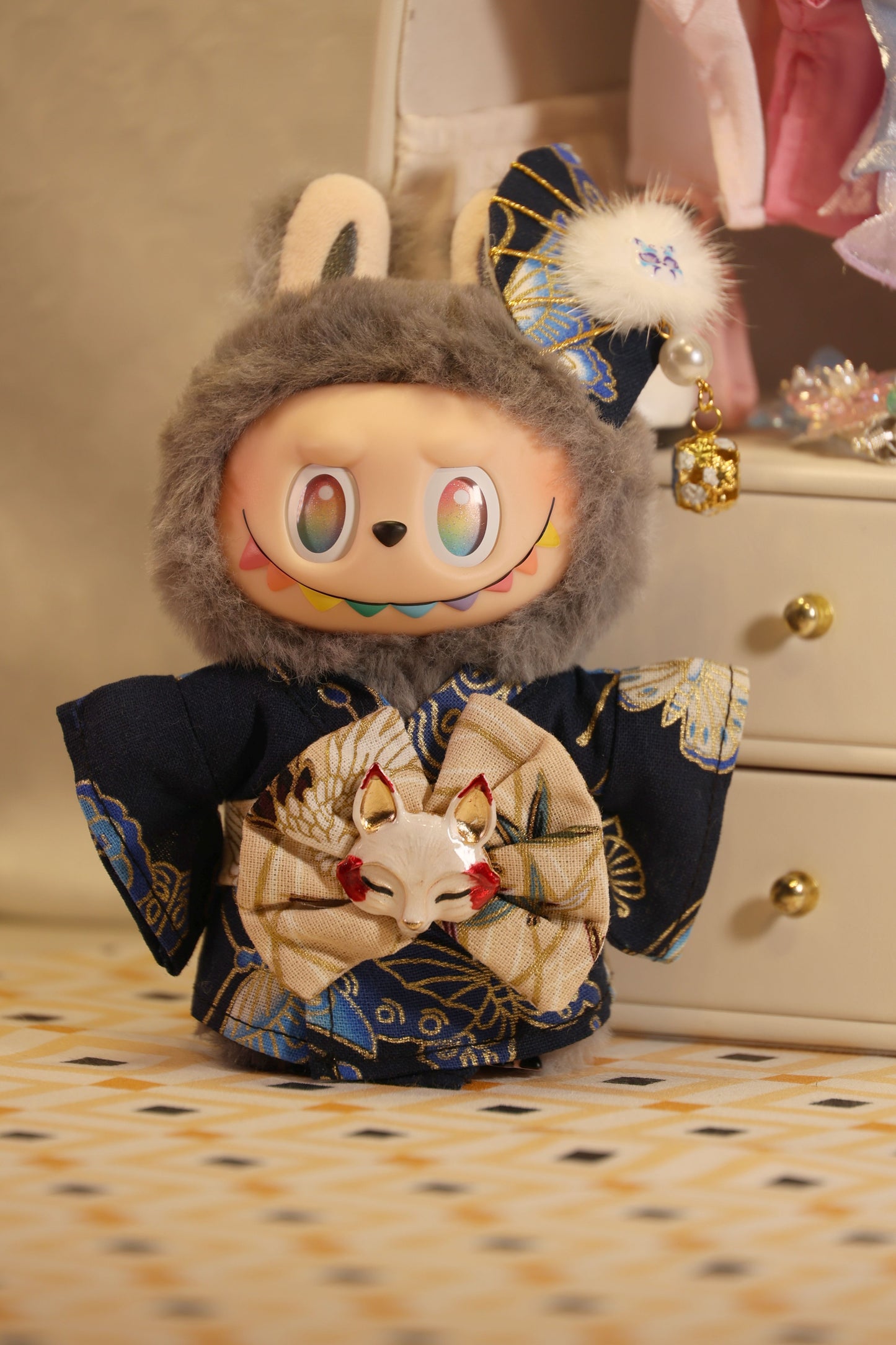 The Kitsune Navy Kimono Set for Labubu