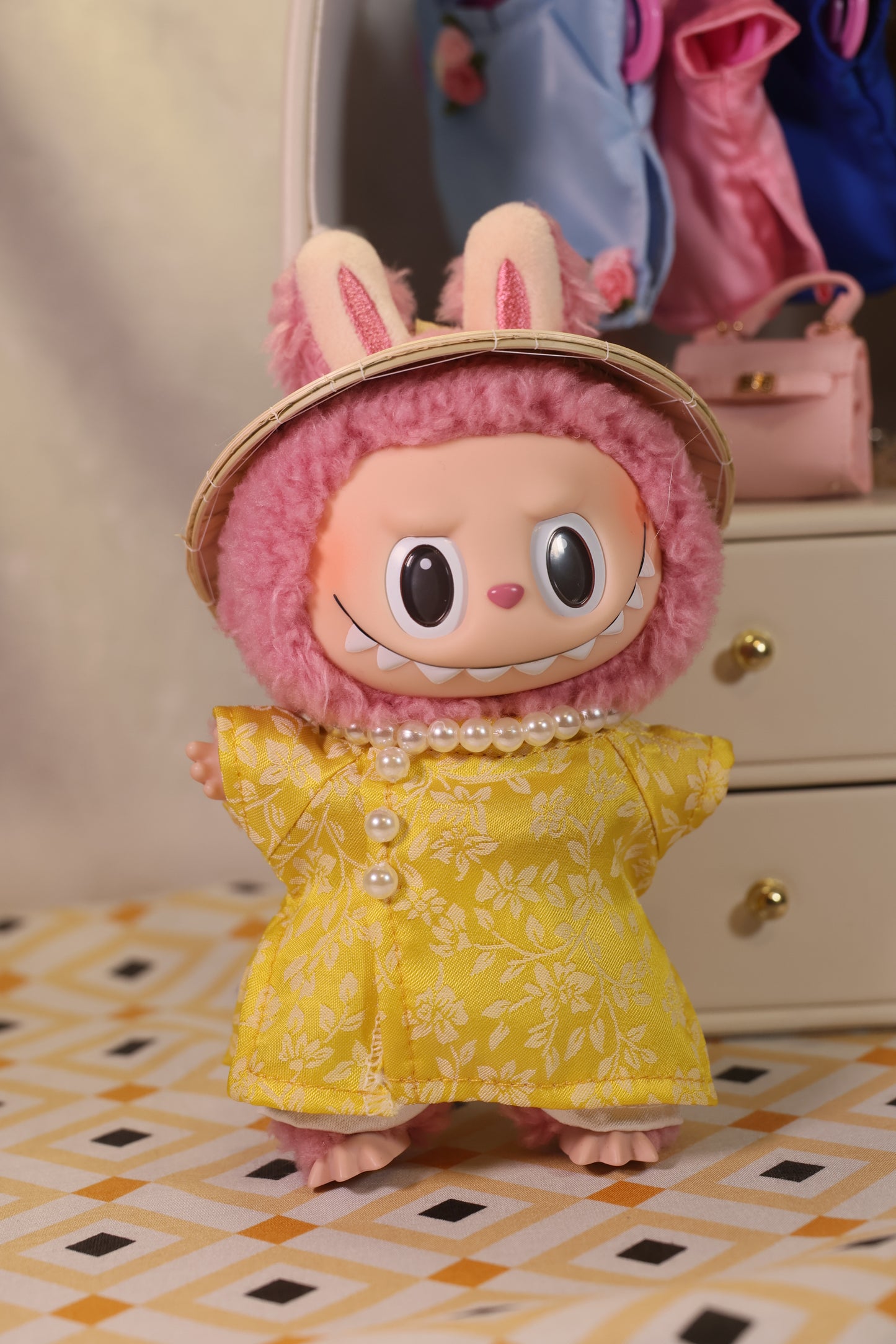 Golden Sun Yellow Brocade Miniature Ao Dai Set