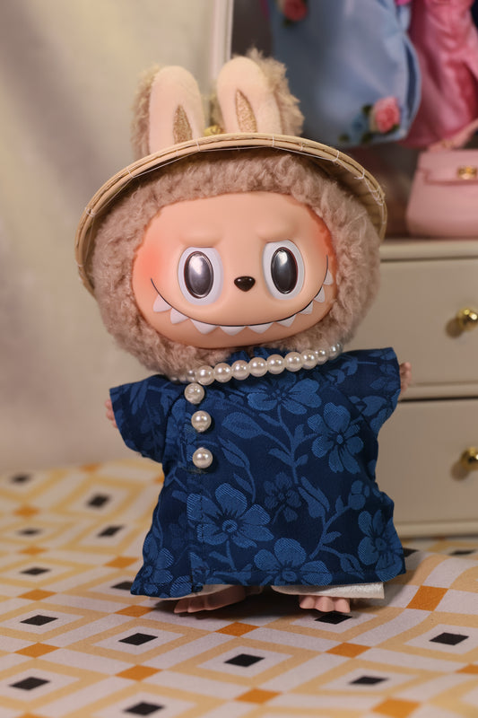 Serene Blue Brocade Mini Áo Dài Set for Labubu