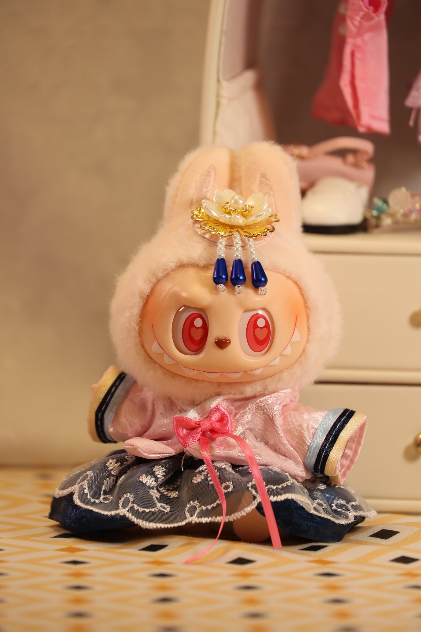 The Magnolia Blossom Pink and Blue Mini Hanbok for Labubu