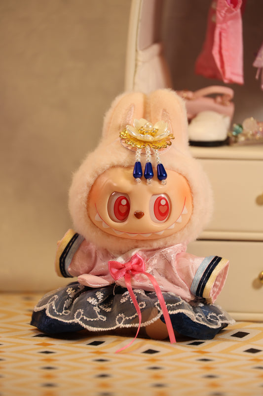 The Magnolia Blossom Pink and Blue Mini Hanbok for Labubu