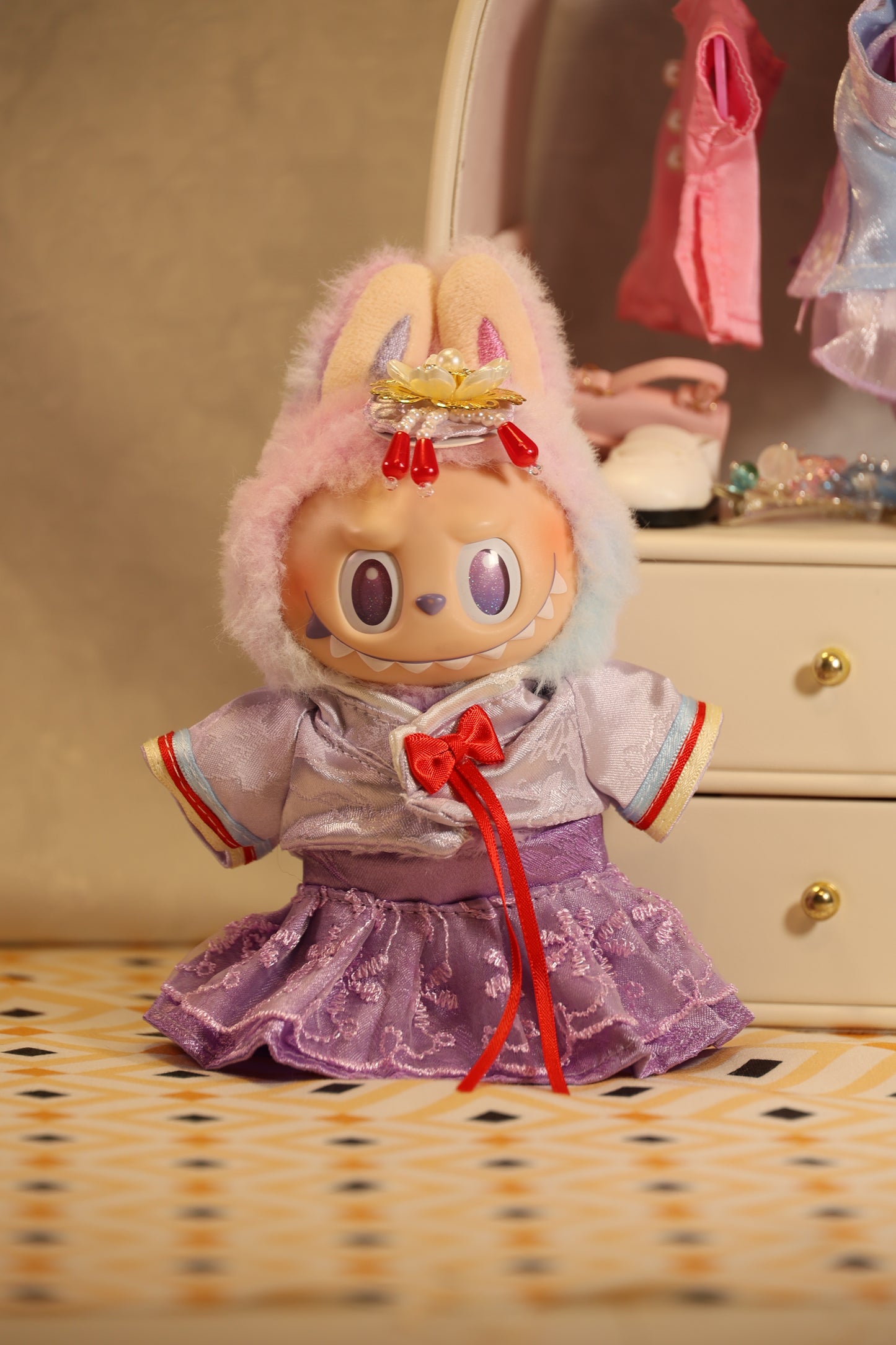 The Royal Orchid Purple and Red Mini Hanbok for Labubu